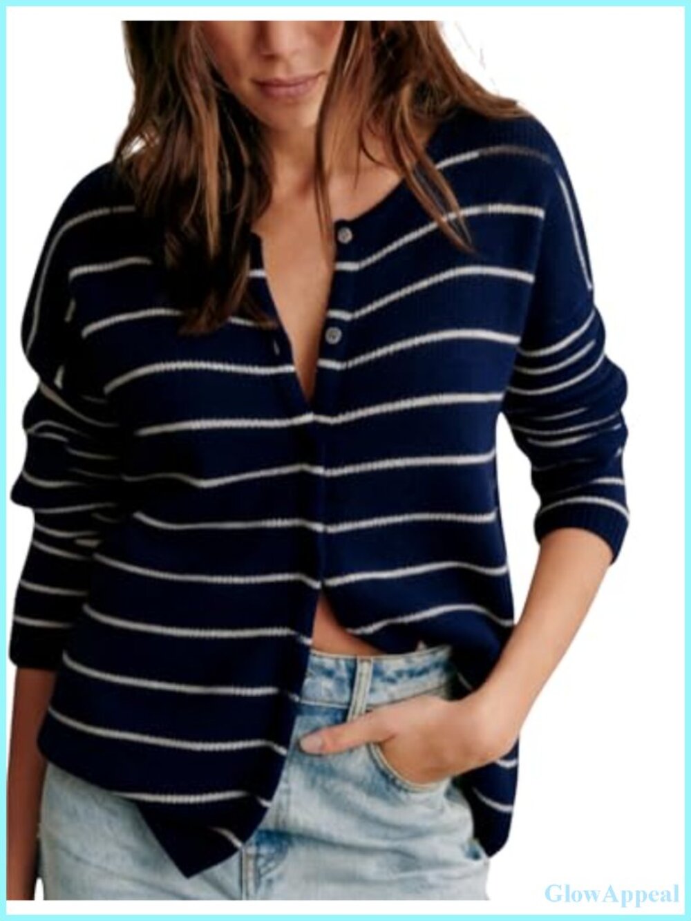 Striped Knit Cardigan Button Down Crewneck Loose Color Block Sweater Cozy